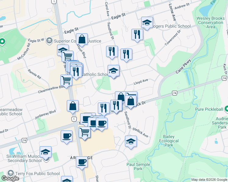 map of restaurants, bars, coffee shops, grocery stores, and more near 489 Dixon Boulevard in Newmarket