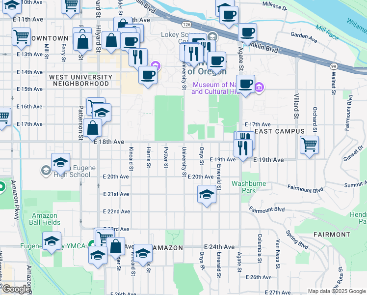 map of restaurants, bars, coffee shops, grocery stores, and more near 1824 University Street in Eugene