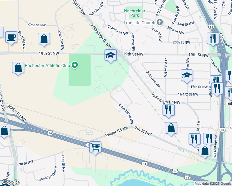 map of restaurants, bars, coffee shops, grocery stores, and more near 1680 Industrial Drive Northwest in Rochester
