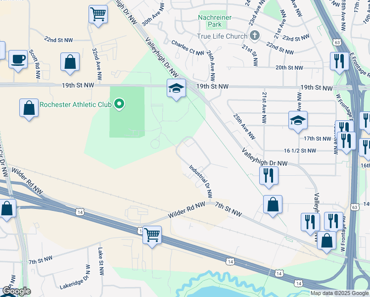 map of restaurants, bars, coffee shops, grocery stores, and more near 1680 Industrial Drive Northwest in Rochester