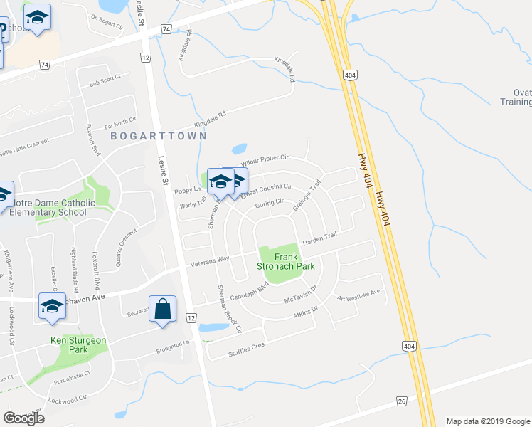 map of restaurants, bars, coffee shops, grocery stores, and more near 939 Memorial Circle in Newmarket