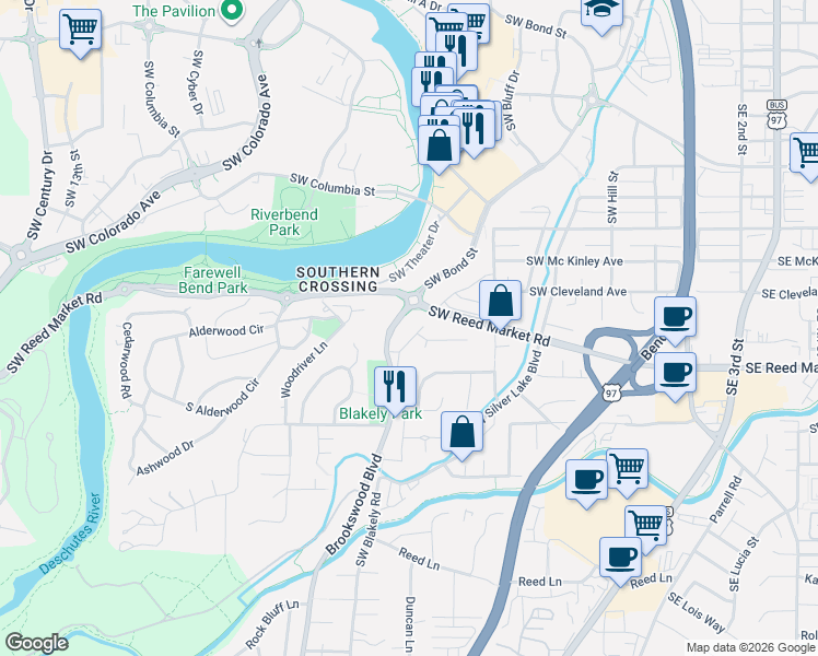 map of restaurants, bars, coffee shops, grocery stores, and more near 871 Southwest Blakely Road in Bend