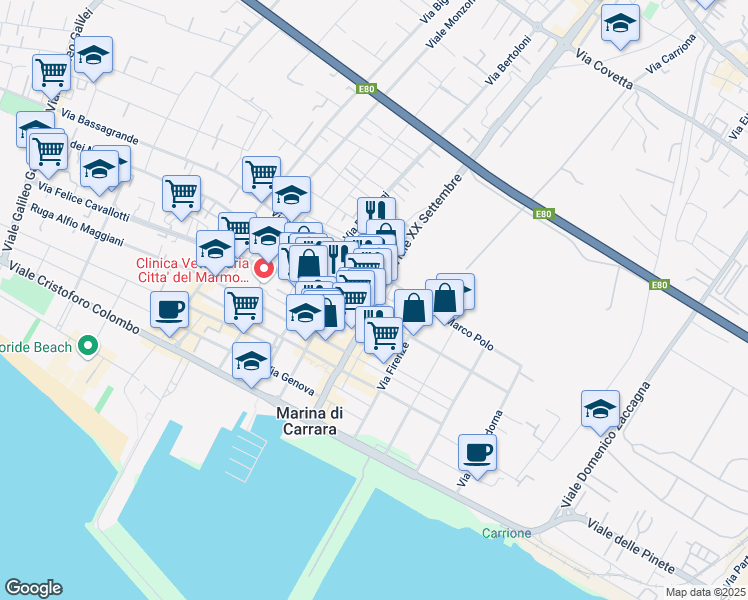map of restaurants, bars, coffee shops, grocery stores, and more near 312BIS Viale XX Settembre in Marina di Carrara