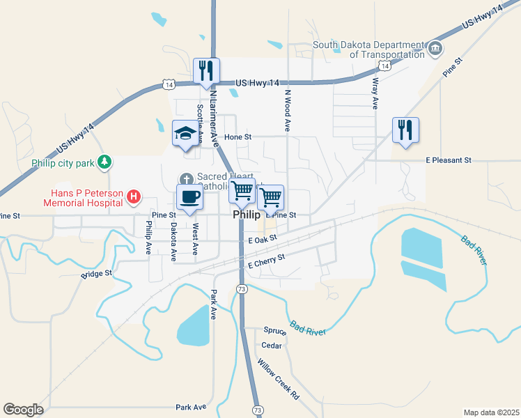 map of restaurants, bars, coffee shops, grocery stores, and more near 180 Center Avenue in Philip