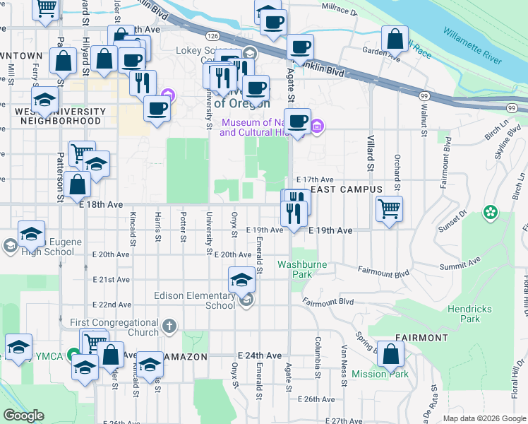 map of restaurants, bars, coffee shops, grocery stores, and more near 1433 East 18th Avenue in Eugene
