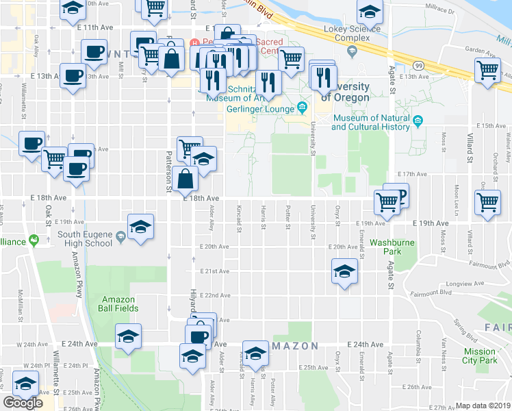 map of restaurants, bars, coffee shops, grocery stores, and more near 966 East 18th Avenue in Eugene