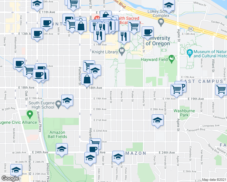 map of restaurants, bars, coffee shops, grocery stores, and more near 888 East 18th Avenue in Eugene