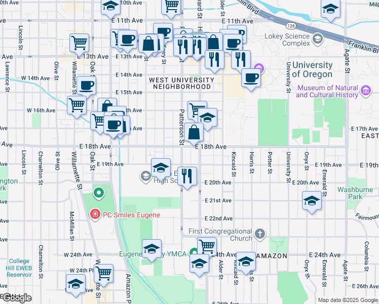 map of restaurants, bars, coffee shops, grocery stores, and more near in Eugene