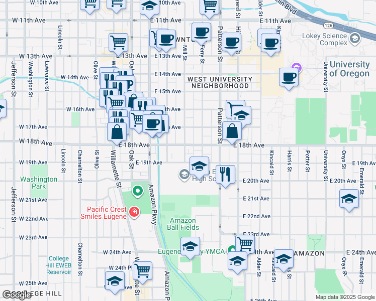 map of restaurants, bars, coffee shops, grocery stores, and more near 390 East 18th Avenue in Eugene