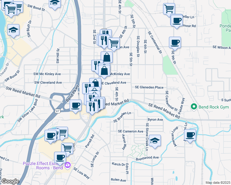map of restaurants, bars, coffee shops, grocery stores, and more near 1032 Southeast Leonel Lane in Bend