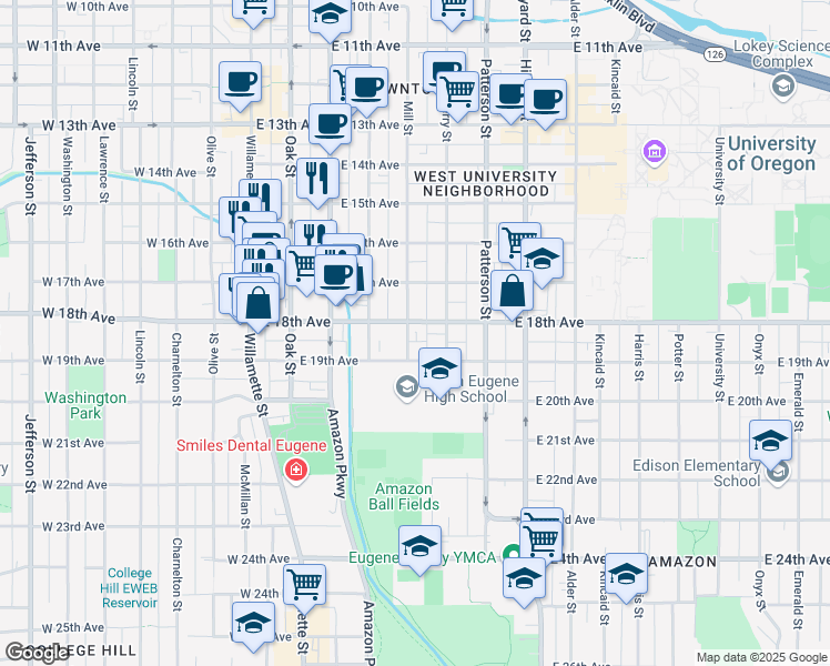 map of restaurants, bars, coffee shops, grocery stores, and more near 1825 Mill Street in Eugene