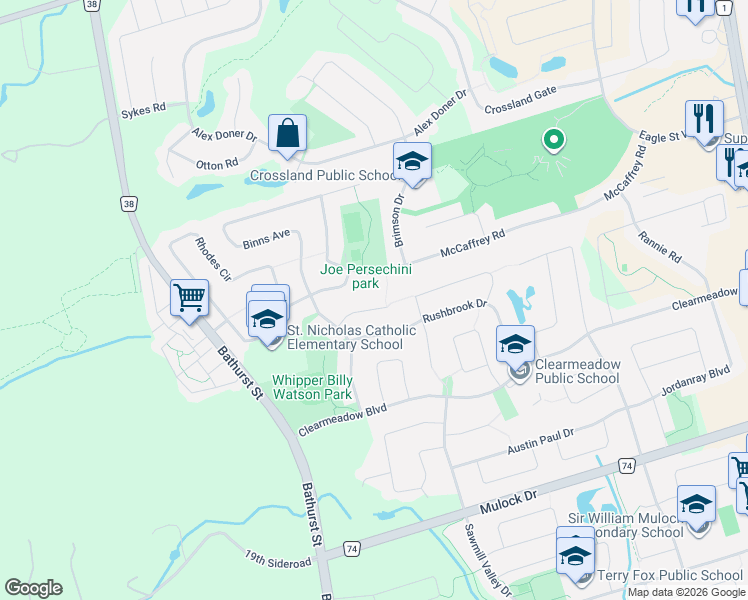 map of restaurants, bars, coffee shops, grocery stores, and more near 365 Meegan Court in Newmarket