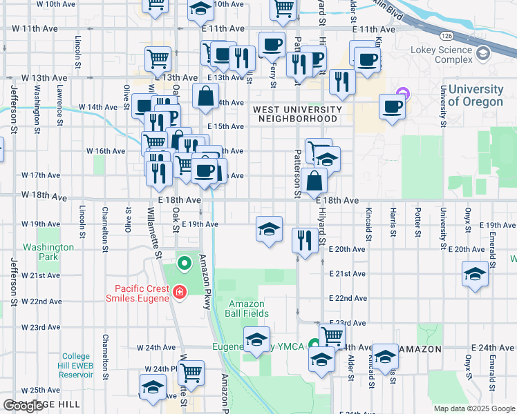 map of restaurants, bars, coffee shops, grocery stores, and more near 1838 Ferry Alley in Eugene