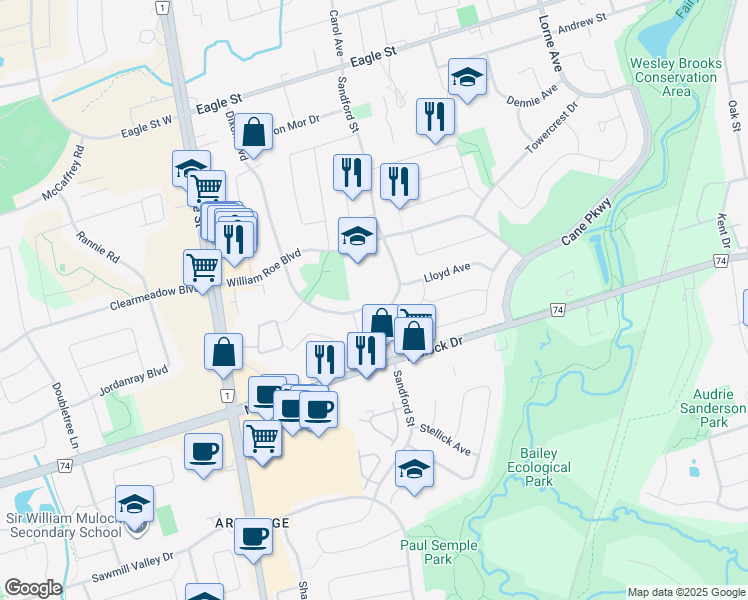 map of restaurants, bars, coffee shops, grocery stores, and more near 497 Dixon Boulevard in Newmarket