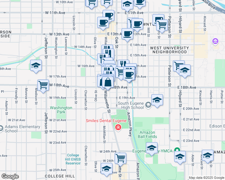 map of restaurants, bars, coffee shops, grocery stores, and more near 74 East 18th Avenue in Eugene