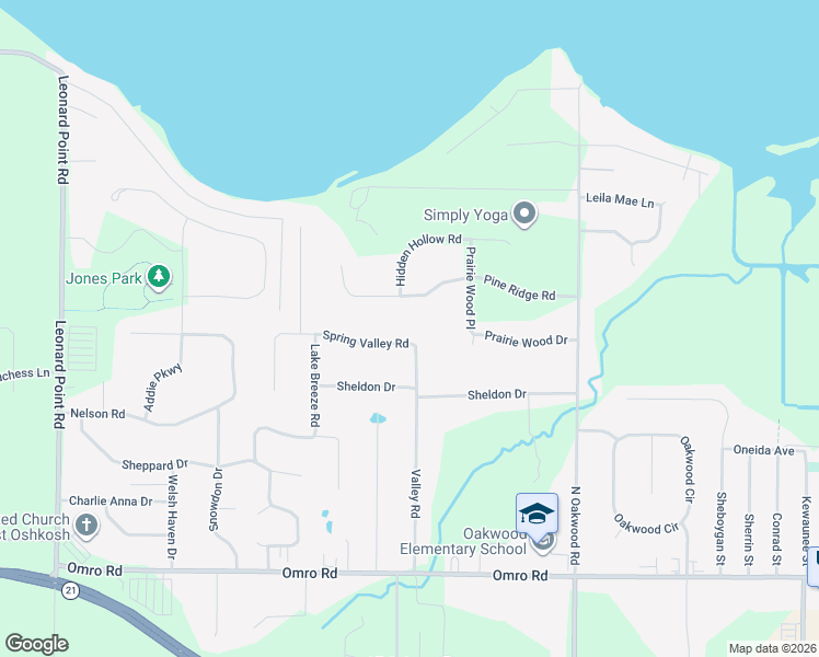 map of restaurants, bars, coffee shops, grocery stores, and more near 3104 Spring Valley Rd in Oshkosh
