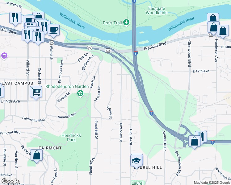 map of restaurants, bars, coffee shops, grocery stores, and more near 1765 Sylvan Street in Eugene