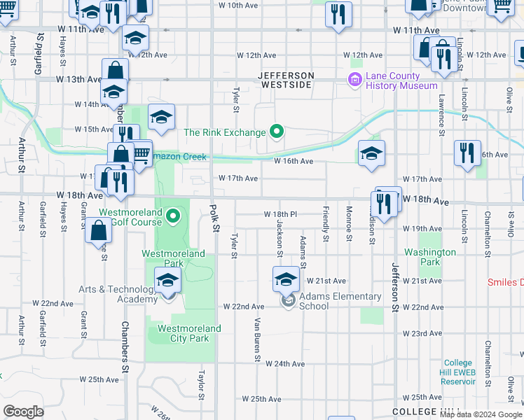 map of restaurants, bars, coffee shops, grocery stores, and more near 1097 West 18th Place in Eugene