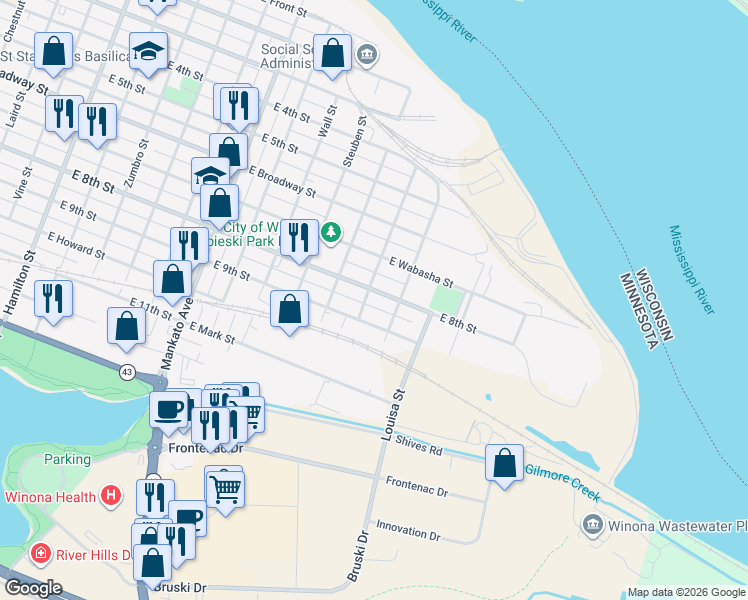 map of restaurants, bars, coffee shops, grocery stores, and more near 1053 East 8th Street in Winona