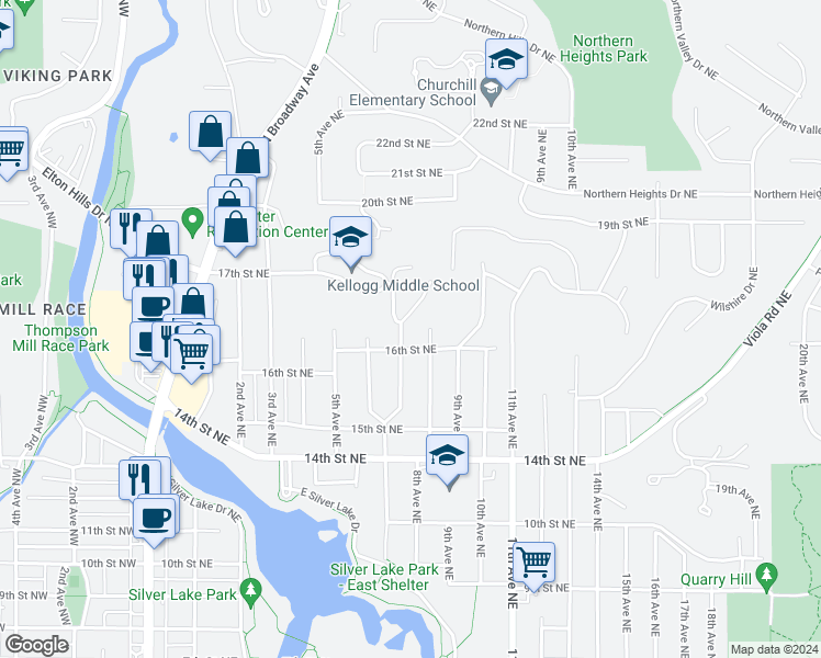 map of restaurants, bars, coffee shops, grocery stores, and more near 1612 7 1/2 Avenue Northeast in Rochester
