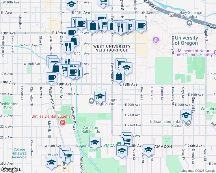 map of restaurants, bars, coffee shops, grocery stores, and more near 595 East 18th Avenue in Eugene