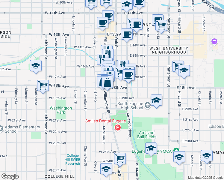 map of restaurants, bars, coffee shops, grocery stores, and more near 74 East 18th Avenue in Eugene
