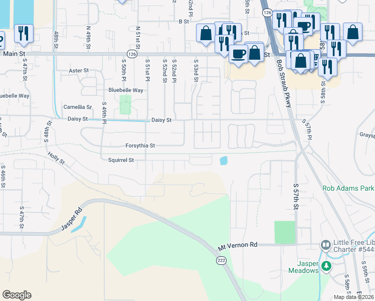 map of restaurants, bars, coffee shops, grocery stores, and more near 5287 Forsythia Street in Springfield