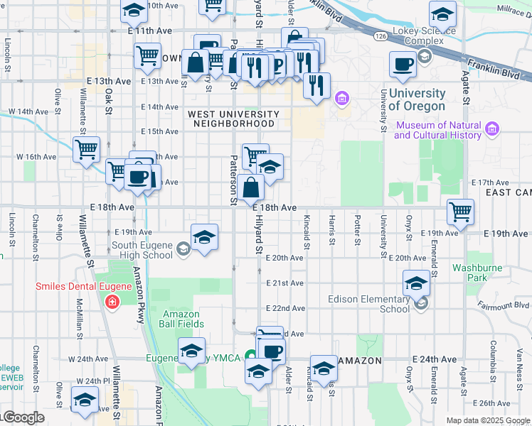 map of restaurants, bars, coffee shops, grocery stores, and more near 718 East 18th Avenue in Eugene