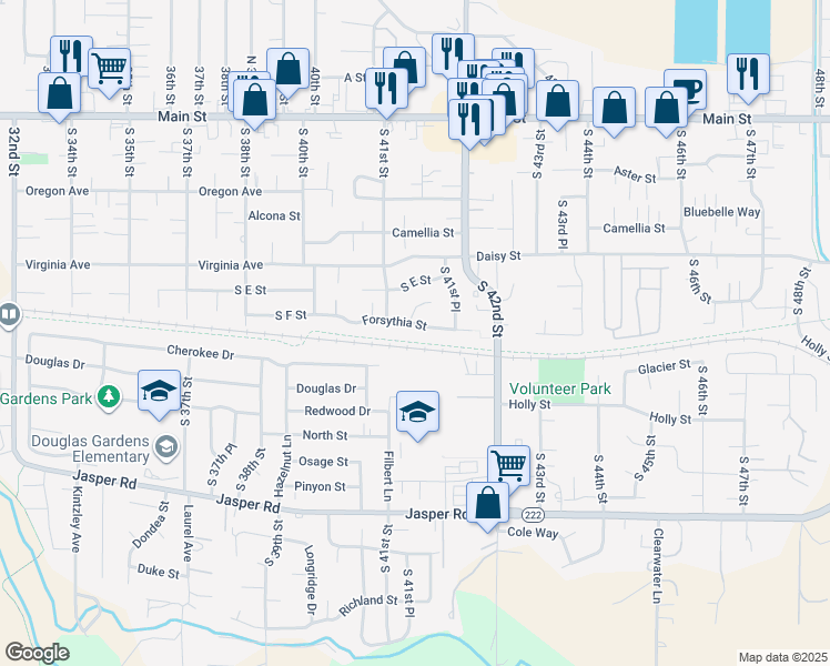 map of restaurants, bars, coffee shops, grocery stores, and more near 4119 Forsythia Street in Springfield