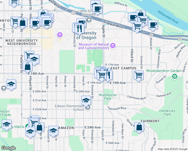 map of restaurants, bars, coffee shops, grocery stores, and more near 1433 East 18th Avenue in Eugene