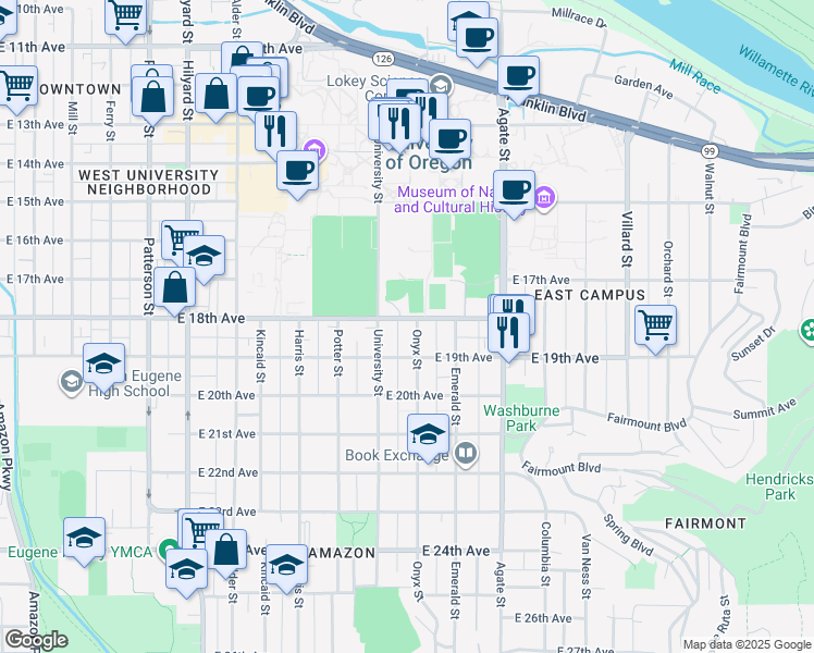 map of restaurants, bars, coffee shops, grocery stores, and more near 1290 East 18th Avenue in Eugene