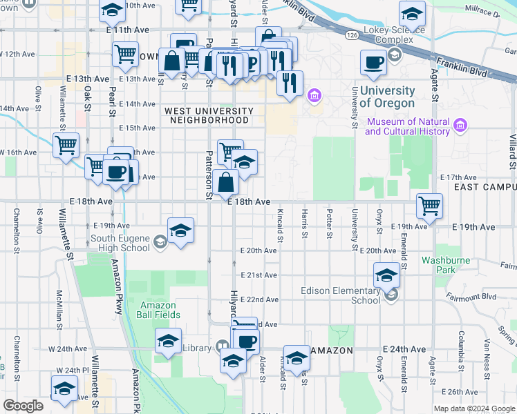map of restaurants, bars, coffee shops, grocery stores, and more near 750 Alder Alley in Eugene
