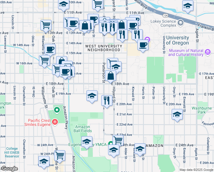 map of restaurants, bars, coffee shops, grocery stores, and more near in Eugene
