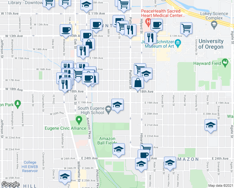 map of restaurants, bars, coffee shops, grocery stores, and more near 480 East 18th Avenue in Eugene