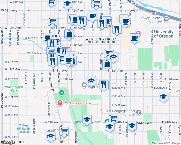 map of restaurants, bars, coffee shops, grocery stores, and more near 480 East 18th Avenue in Eugene
