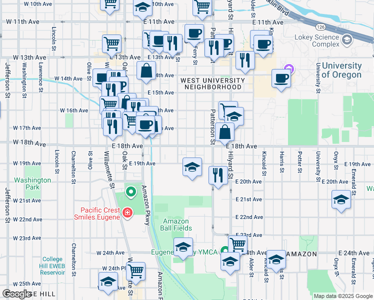 map of restaurants, bars, coffee shops, grocery stores, and more near 480 East 18th Avenue in Eugene