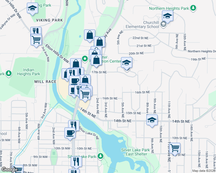 map of restaurants, bars, coffee shops, grocery stores, and more near 1633 3rd Avenue Northeast in Rochester