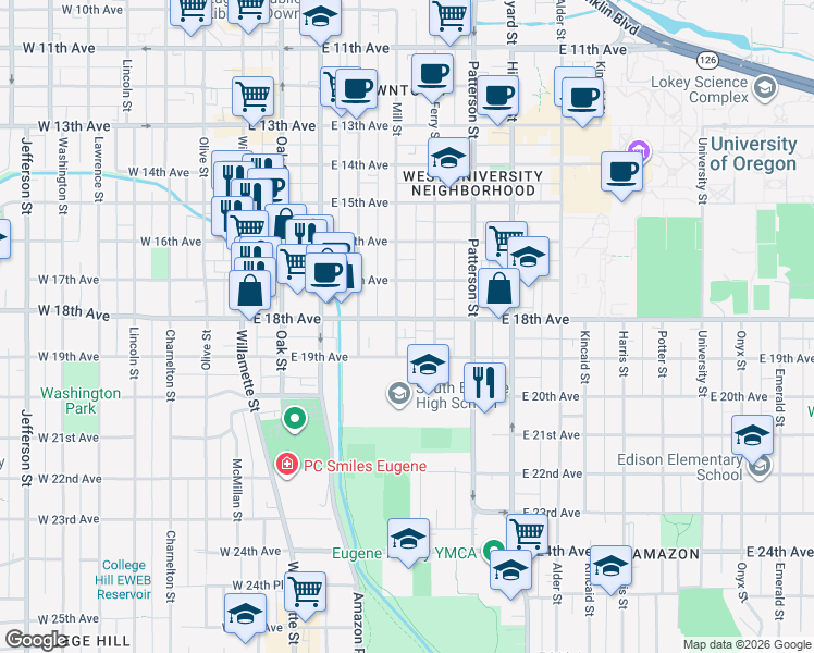 map of restaurants, bars, coffee shops, grocery stores, and more near 390 East 18th Avenue in Eugene