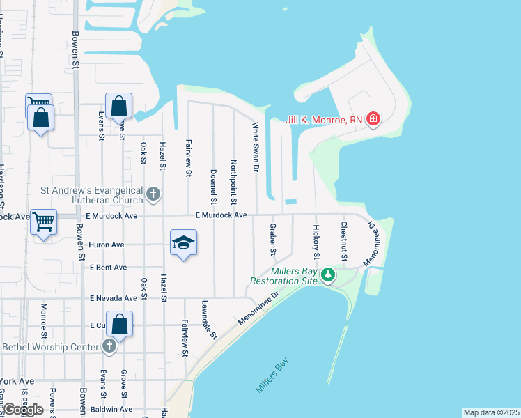 map of restaurants, bars, coffee shops, grocery stores, and more near 1820 White Swan Drive in Oshkosh
