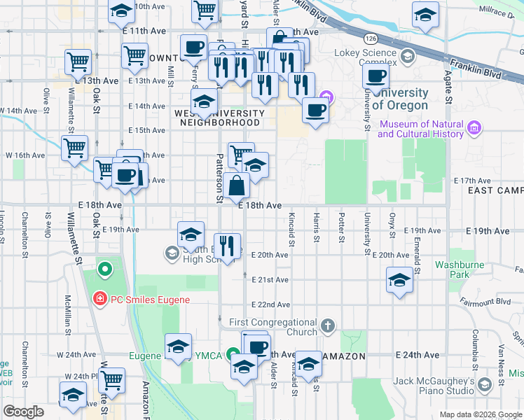 map of restaurants, bars, coffee shops, grocery stores, and more near 750 Alder Alley in Eugene