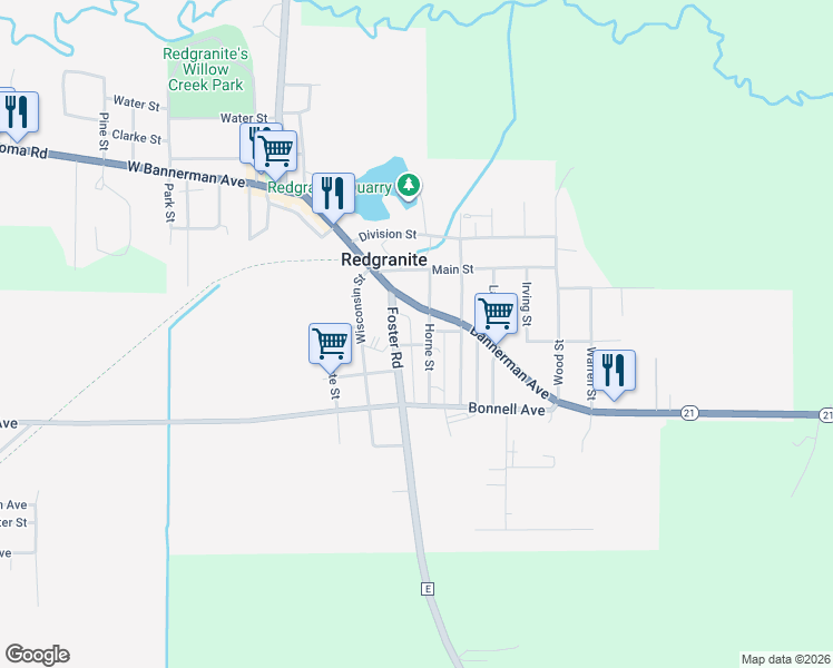map of restaurants, bars, coffee shops, grocery stores, and more near 102 East Koch Street in Redgranite