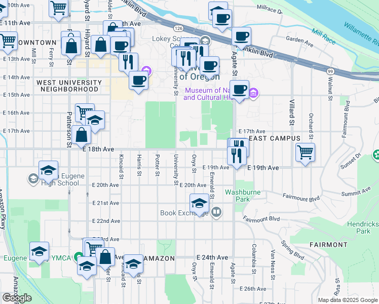 map of restaurants, bars, coffee shops, grocery stores, and more near 1290 East 18th Avenue in Eugene