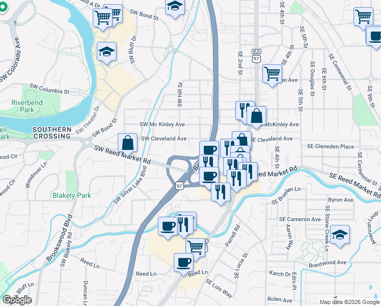 map of restaurants, bars, coffee shops, grocery stores, and more near 1045 Southwest Crosscut Court in Bend