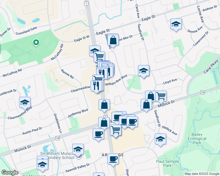 map of restaurants, bars, coffee shops, grocery stores, and more near 20 William Roe Boulevard in Newmarket