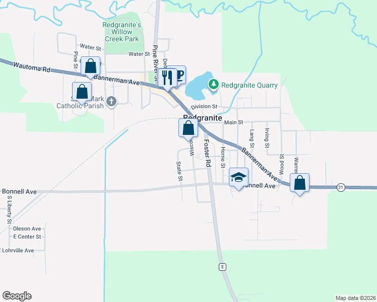 map of restaurants, bars, coffee shops, grocery stores, and more near 402 Wisconsin Street in Redgranite