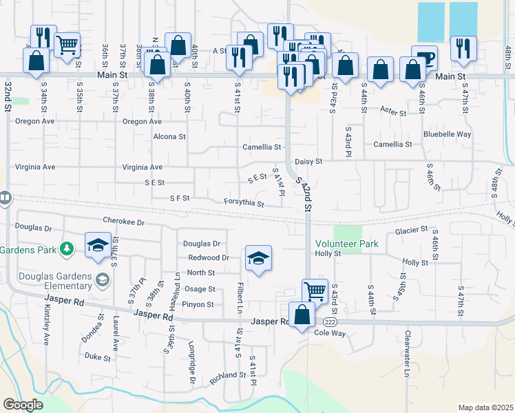 map of restaurants, bars, coffee shops, grocery stores, and more near 4117 Forsythia Street in Springfield