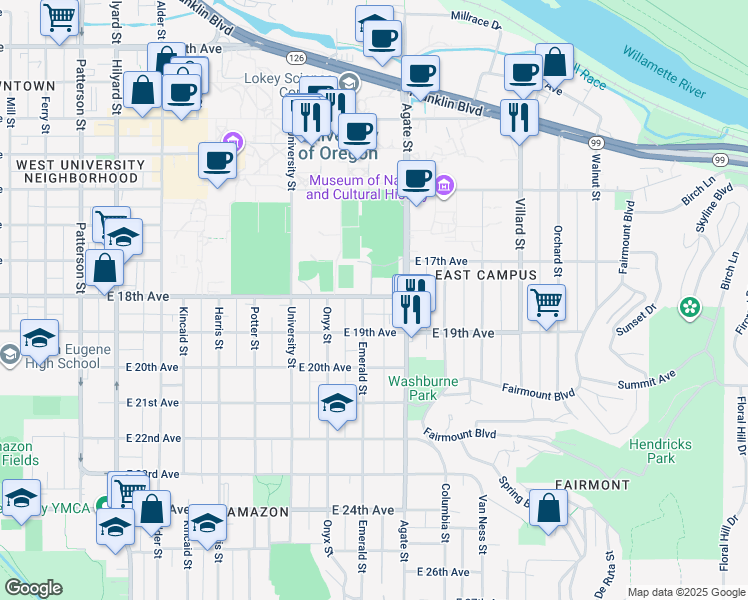 map of restaurants, bars, coffee shops, grocery stores, and more near 1460 East 18th Avenue in Eugene