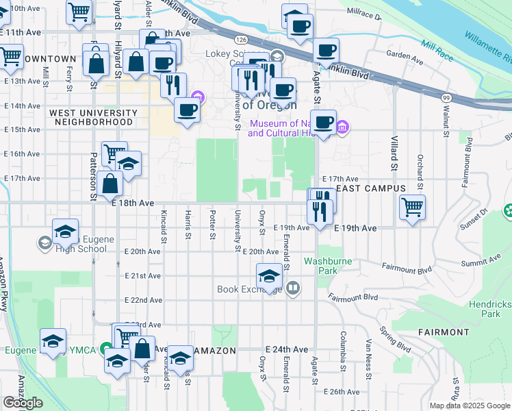 map of restaurants, bars, coffee shops, grocery stores, and more near 1290 East 18th Avenue in Eugene