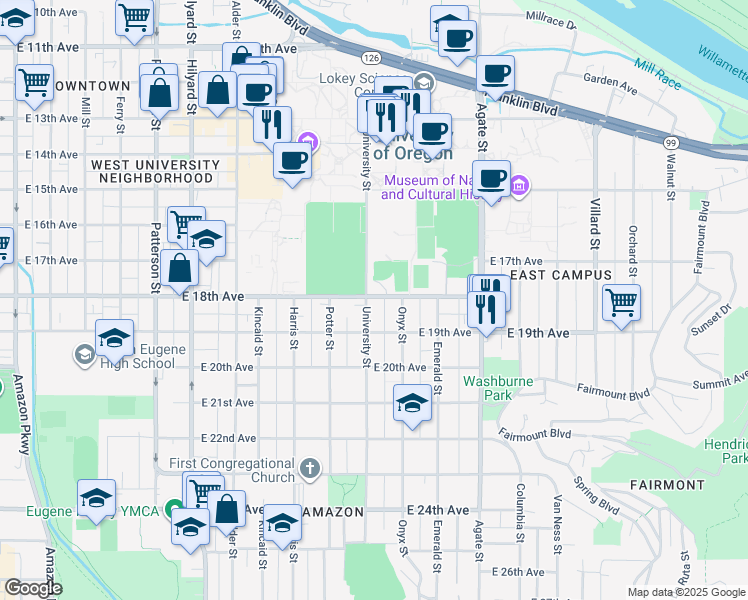 map of restaurants, bars, coffee shops, grocery stores, and more near 1824 University Street in Eugene