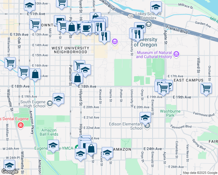 map of restaurants, bars, coffee shops, grocery stores, and more near 966 East 18th Avenue in Eugene